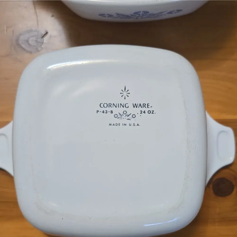 Set of 2 Corning Ware P-43-B 24 oz Square Casserole Dish White Blue USA